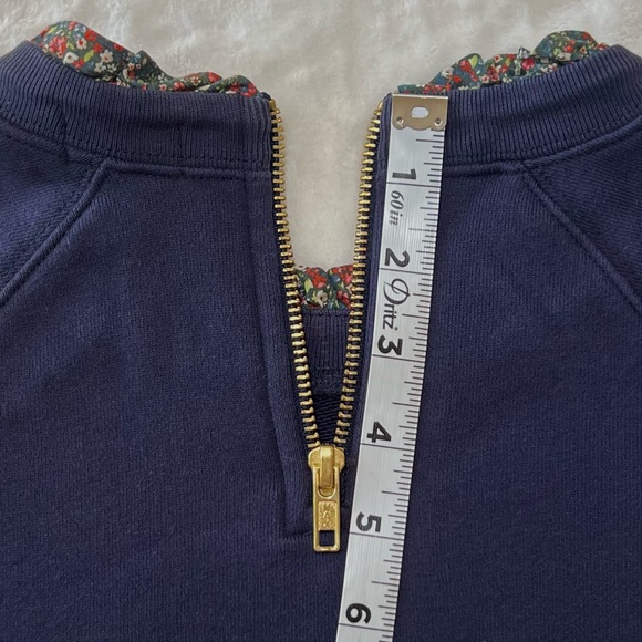 J. Crew Woven Ruffleneck Pullover Sweatshirt Floral Trim Gold Zip Navy Small - Picture 16 of 17